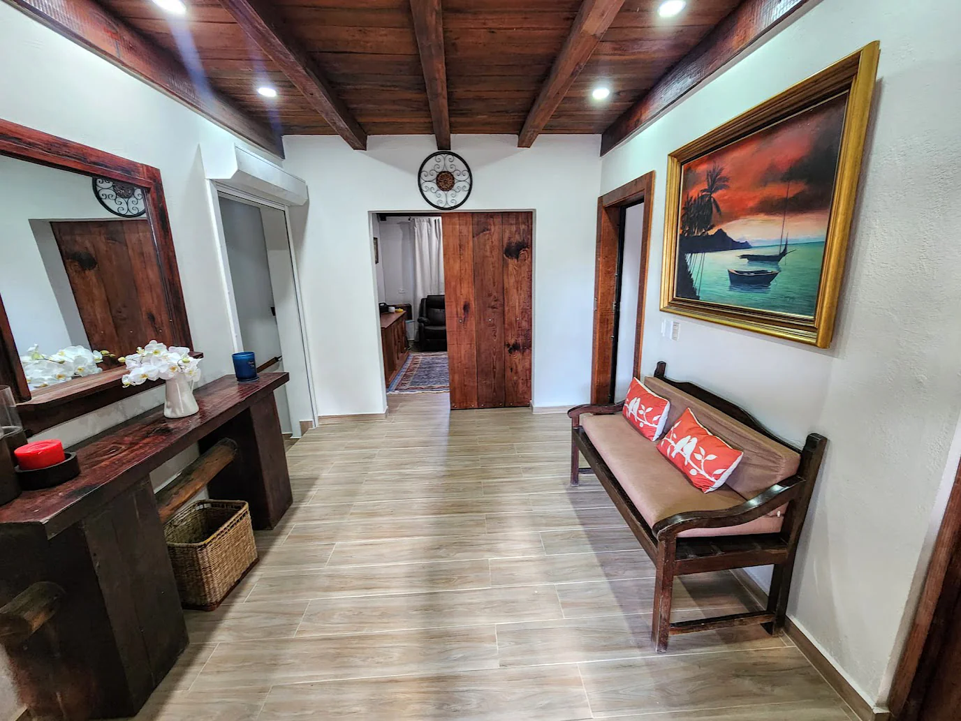 The entry, styled with orchids