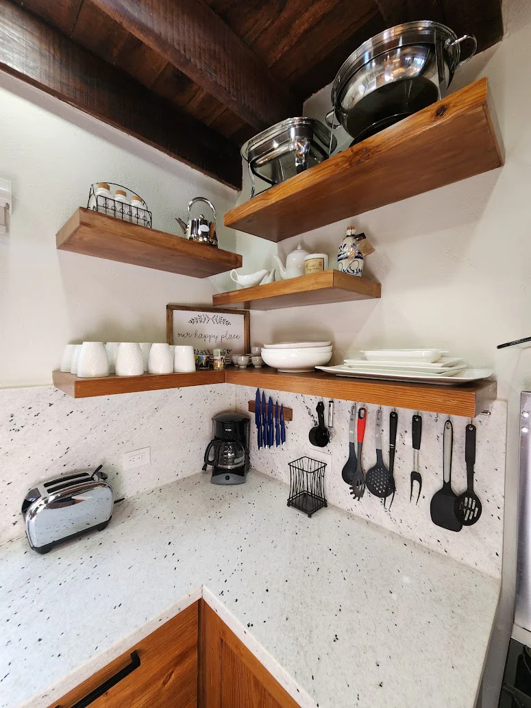 The coffee corner, with the kettle and everyday crockery