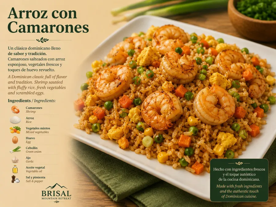 Arroz con Camarones (Rice with Shrimp) — A Dominican classic full of flavor and tradition — shrimp sautéed with fluffy rice, fresh vegetables and scrambled eggs.
