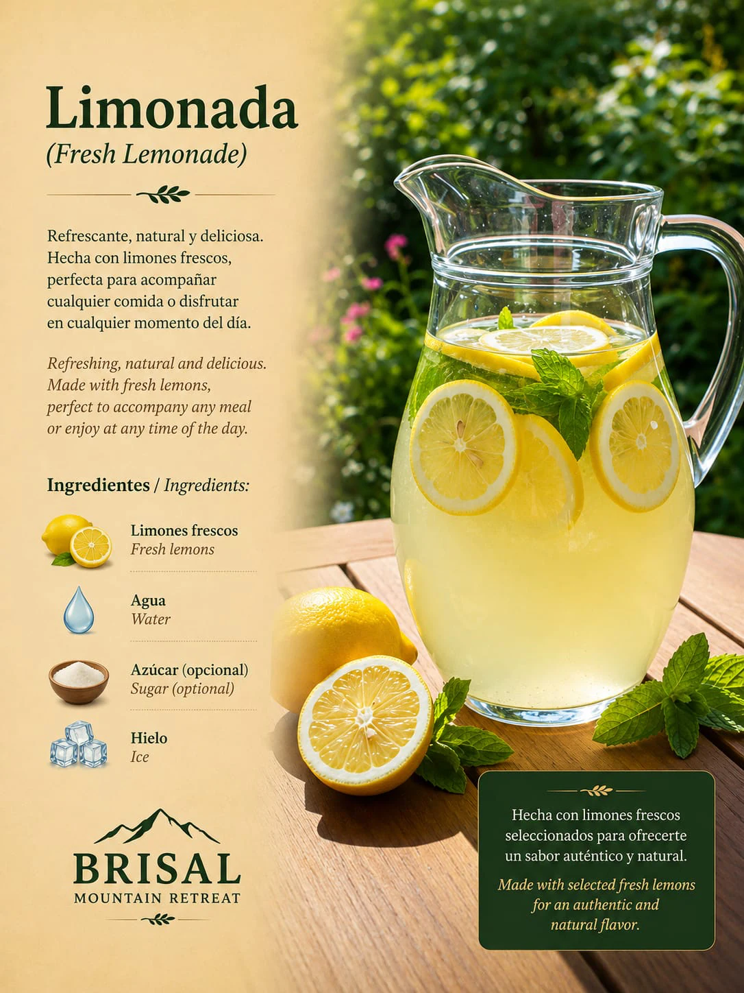 Limonada (Fresh Lemonade) — Refreshing, natural and delicious. Made with fresh lemons, perfect to accompany any meal or enjoy at any time of the day.