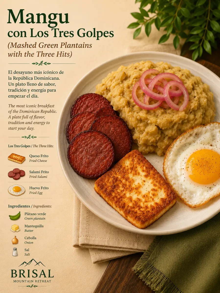 Mangú con Los Tres Golpes (Mashed Green Plantains with the Three Hits) — The most iconic breakfast of the Dominican Republic — a plate full of flavor, tradition and energy to start your day.