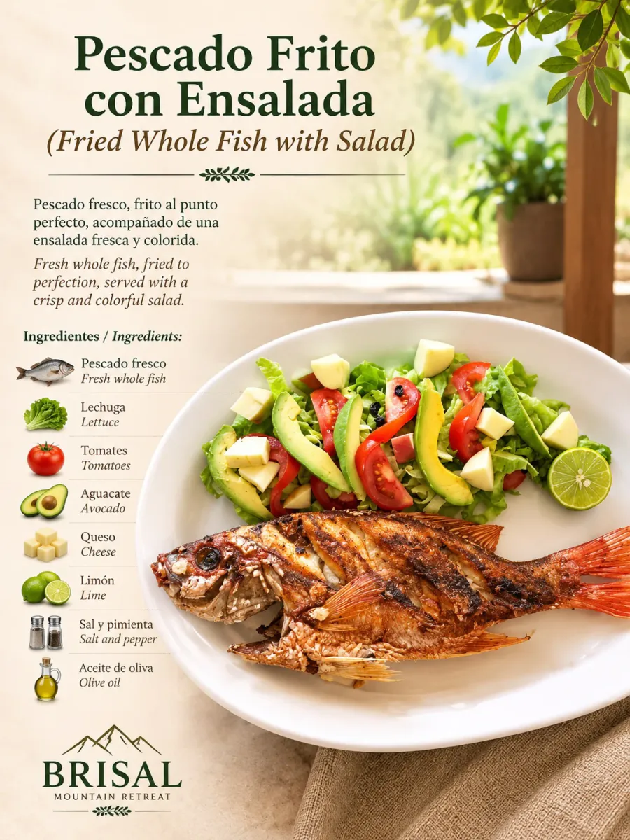 Pescado Frito con Ensalada (Fried Whole Fish with Salad) — Fresh whole fish, fried to perfection, served with a crisp and colorful salad.