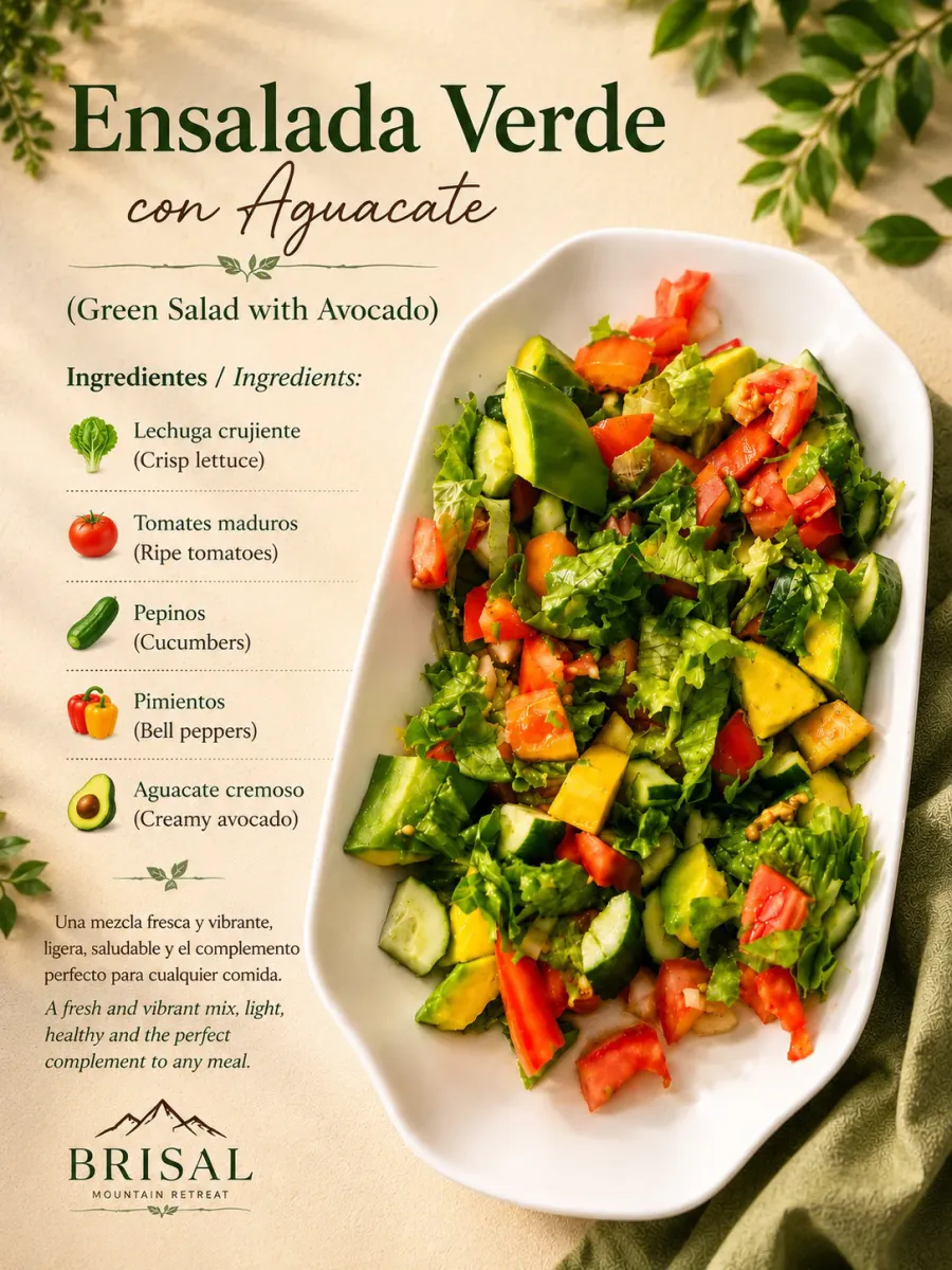 Ensalada Verde con Aguacate (Green Salad with Avocado) — A fresh and vibrant mix of crisp lettuce, ripe tomatoes, cucumbers, bell peppers and creamy avocado.