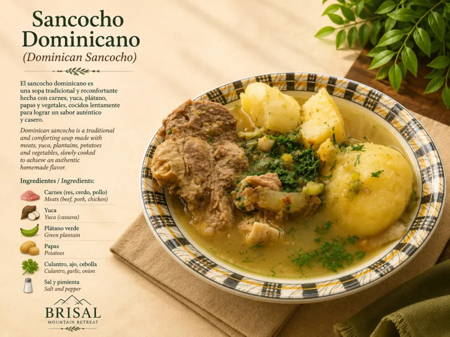 Sancocho Dominicano (Dominican Sancocho) — A traditional and comforting soup made with meats, yuca, plantains, potatoes and vegetables, slowly cooked to achieve an authentic homemade flavor.